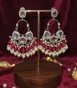 Red handmade mirror work chandbali with pearl drops