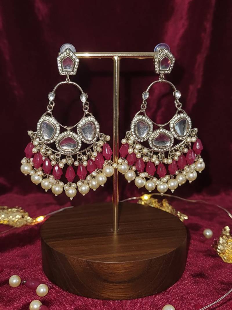Red handmade mirror work chandbali with pearl drops
