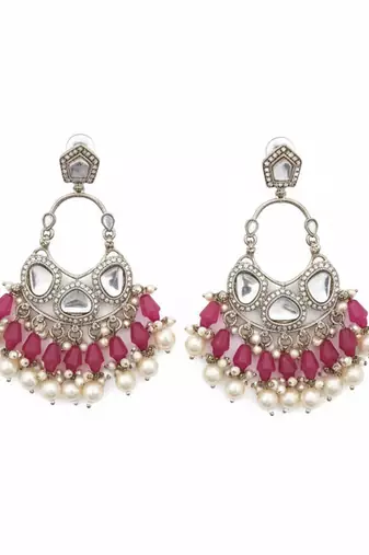 Red handmade mirror work chandbali with pearl drops