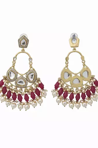 Red handmade mirror work chandbali with pearl drops