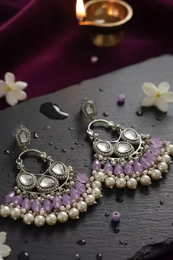 Lavender handmade mirror work chandbali with pearl drops