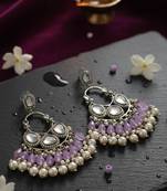 Lavender handmade mirror work chandbali with pearl drops