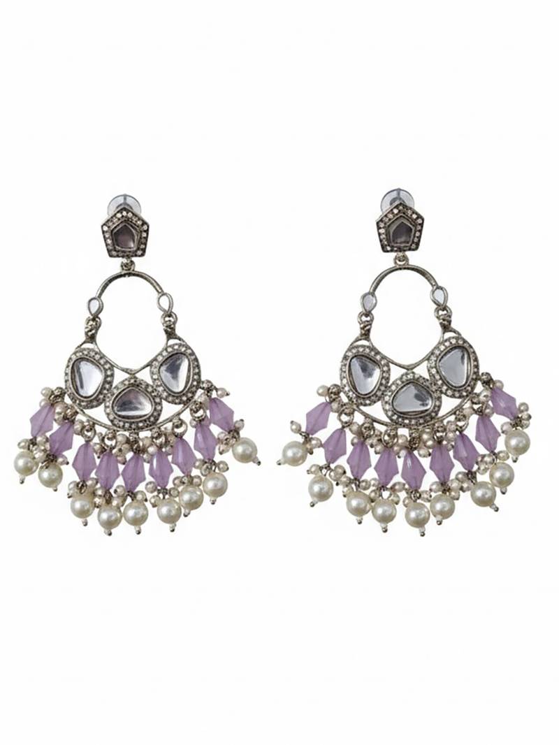 Lavender handmade mirror work chandbali with pearl drops