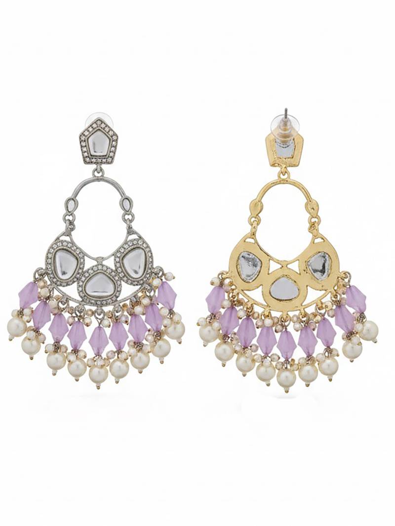 Lavender handmade mirror work chandbali with pearl drops