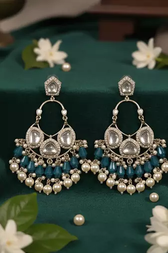 Blue handmade mirror work chandbali with pearl drops