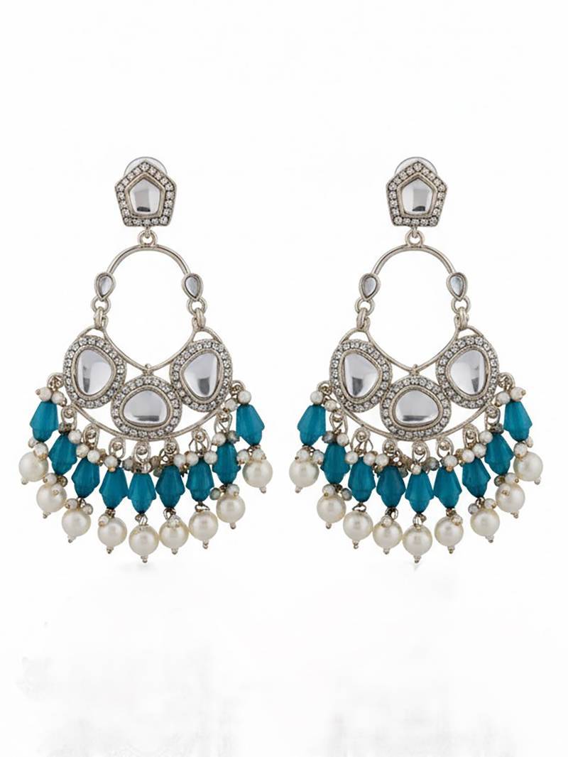 Blue handmade mirror work chandbali with pearl drops