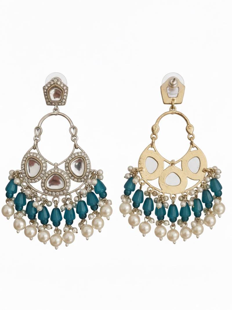 Blue handmade mirror work chandbali with pearl drops