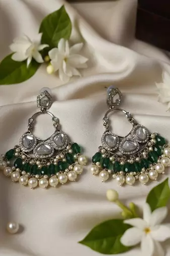 Green handmade mirror work chandbali with pearl drops