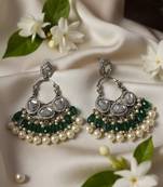 Green handmade mirror work chandbali with pearl drops