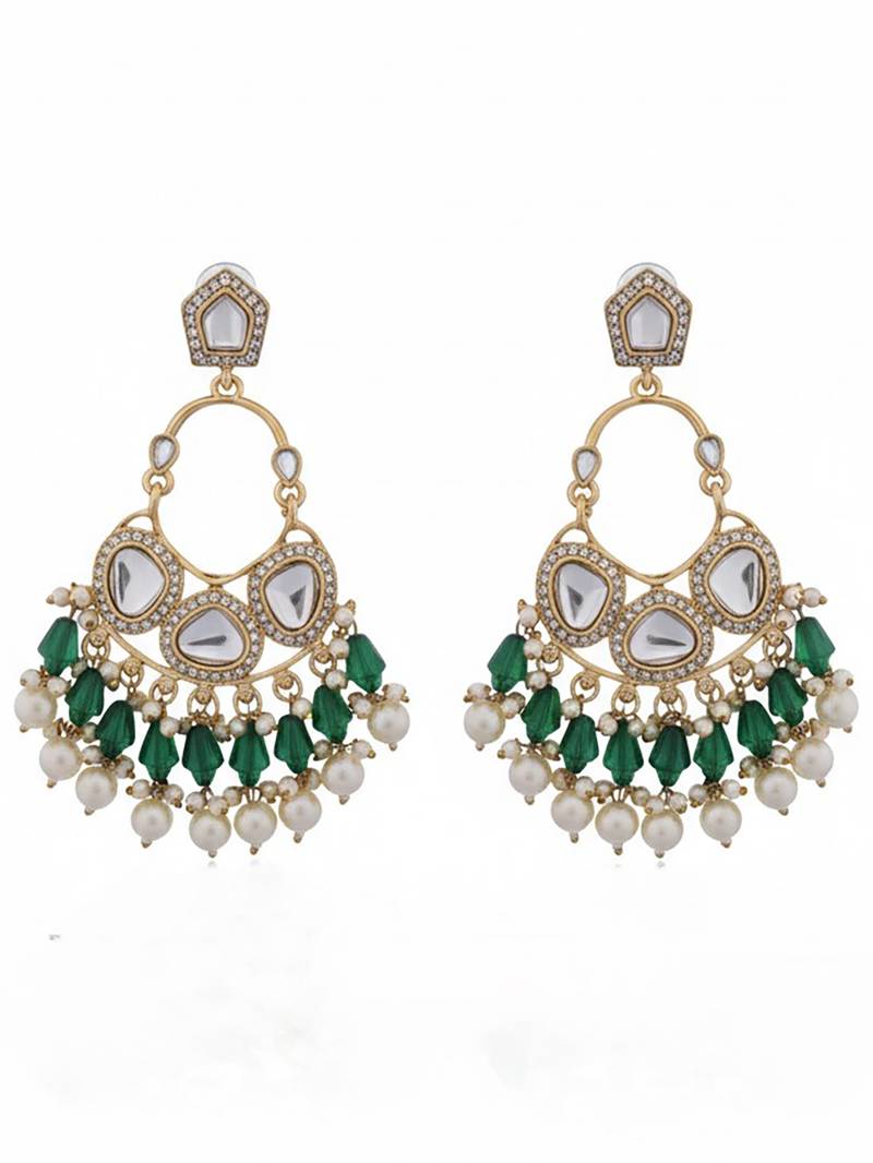 Green handmade mirror work chandbali with pearl drops