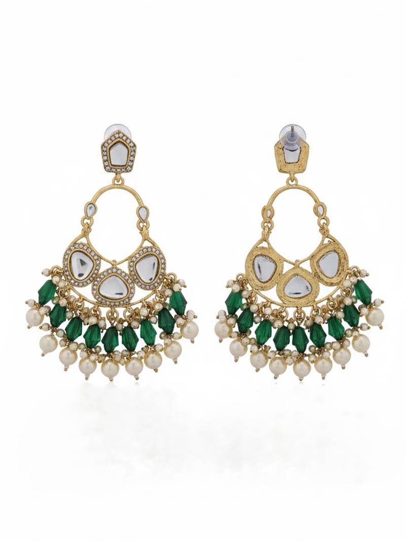 Green handmade mirror work chandbali with pearl drops