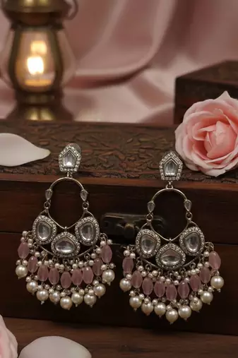 Lightpink handmade mirror work chandbali with pearl drops