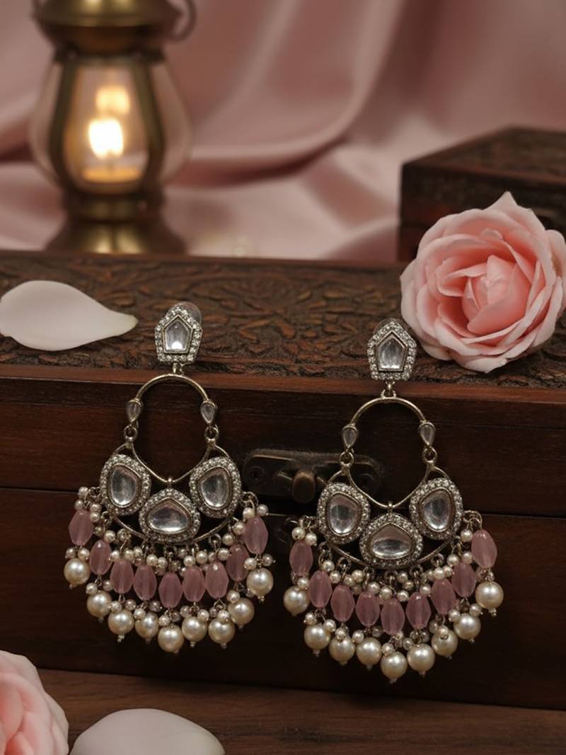 Lightpink handmade mirror work chandbali with pearl drops