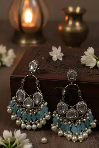 Lightblue handmade mirror work chandbali with pearl drops