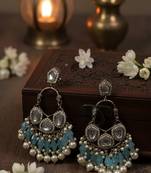 Lightblue handmade mirror work chandbali with pearl drops