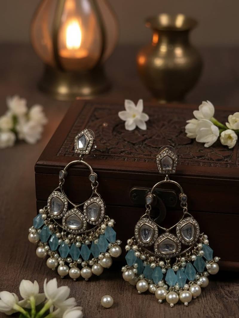 Lightblue handmade mirror work chandbali with pearl drops