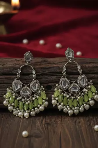 Lightgreen handmade mirror work chandbali with pearl drops