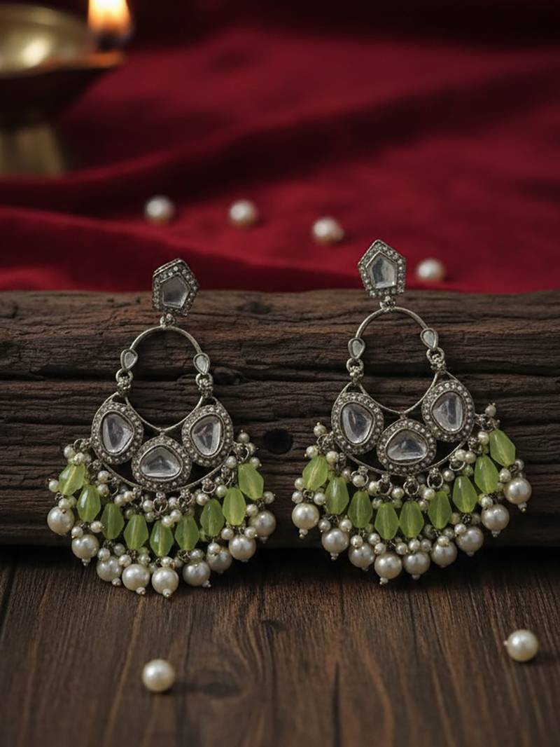 Lightgreen handmade mirror work chandbali with pearl drops