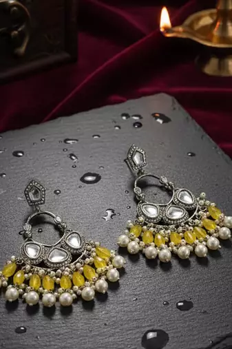 Yellow handmade mirror work chandbali with pearl drops