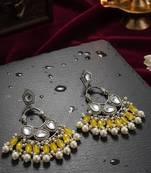 Yellow handmade mirror work chandbali with pearl drops