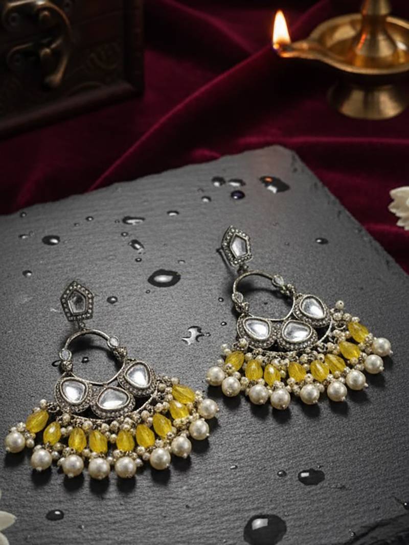 Yellow handmade mirror work chandbali with pearl drops