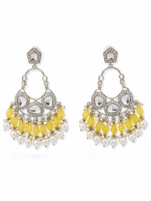 Yellow handmade mirror work chandbali with pearl drops 2