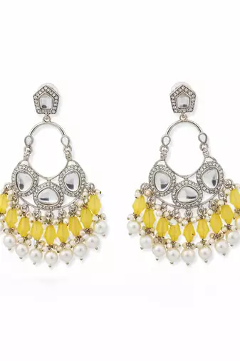Yellow handmade mirror work chandbali with pearl drops
