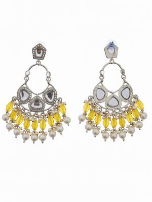 Yellow handmade mirror work chandbali with pearl drops 3