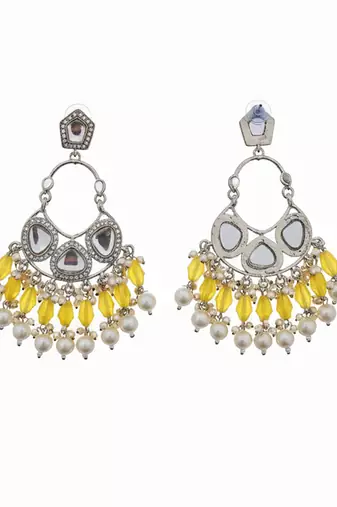 Yellow handmade mirror work chandbali with pearl drops