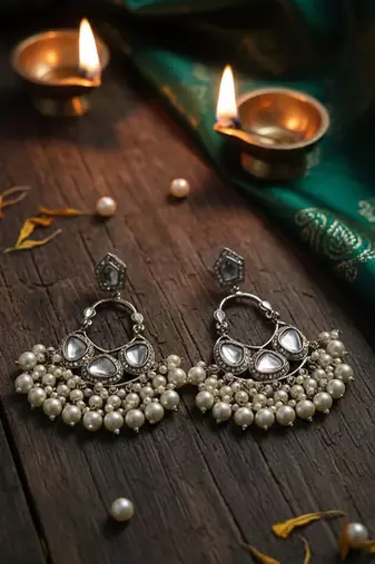 White handmade mirror work chandbali with pearl drops