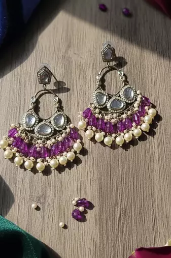 Purple handmade mirror work chandbali with pearl drops