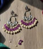 Purple handmade mirror work chandbali with pearl drops