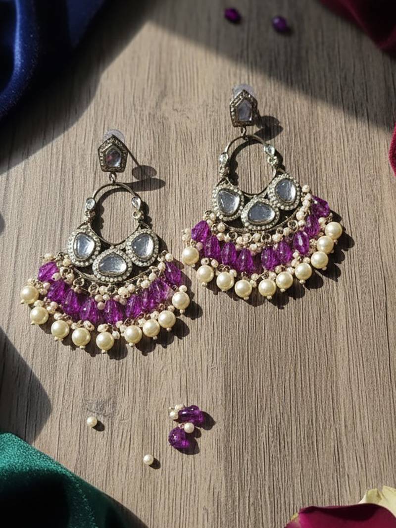 Purple handmade mirror work chandbali with pearl drops