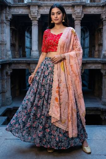 Embroadery Work Printed SemiStitched Lehenga choli