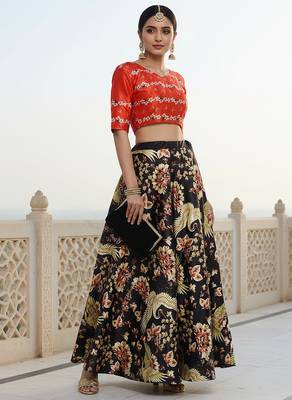 Ethnic Motif Print Satin Semi Stitched Multi Color Croptop & Unstitched Blouse 1