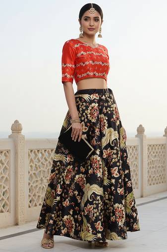 Ethnic Motif Print Satin Semi Stitched Multi Color Croptop & Unstitched Blouse