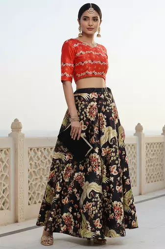 Ethnic Motif Print Satin Semi Stitched Multi Color Croptop & Unstitched Blouse