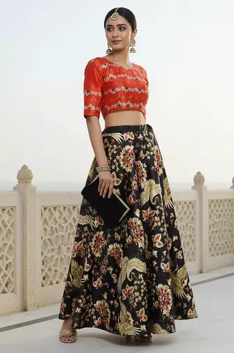 Ethnic Motif Print Satin Semi Stitched Multi Color Croptop & Unstitched Blouse