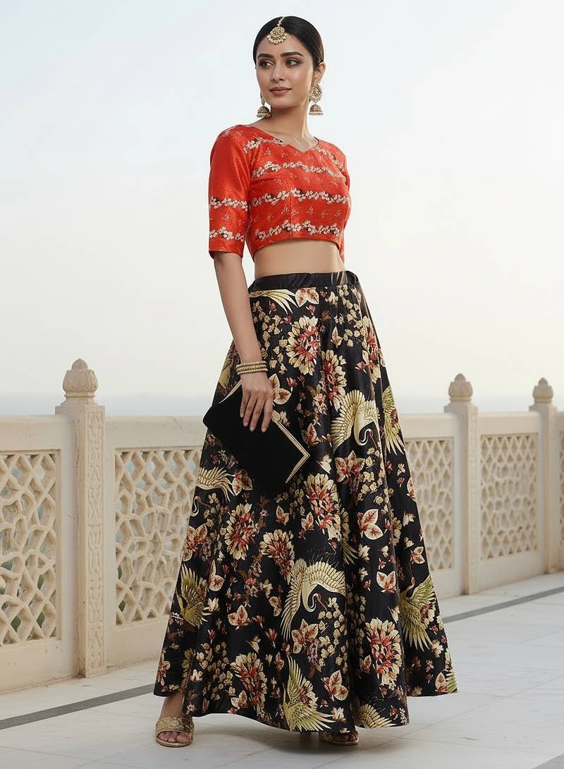 Ethnic Motif Print Satin Semi Stitched Multi Color Croptop & Unstitched Blouse