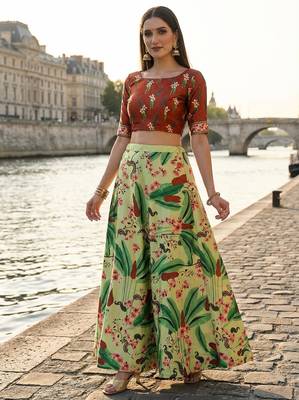 Ethnic Motif Print Satin Semi Stitched Multi Color Croptop & Unstitched Blouse 1