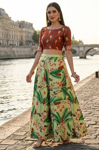 Ethnic Motif Print Satin Semi Stitched Multi Color Croptop & Unstitched Blouse