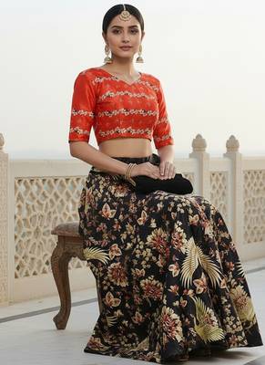 Ethnic Motif Print Satin Semi Stitched Multi Color Croptop & Unstitched Blouse 3