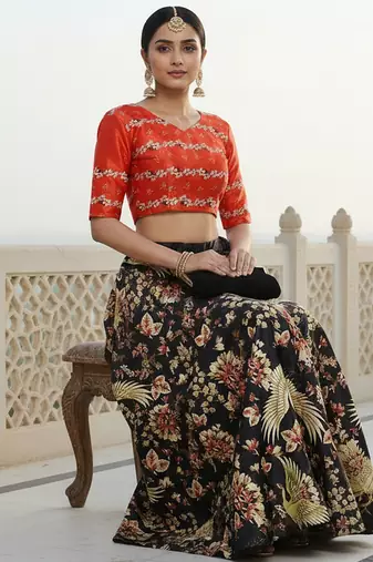 Ethnic Motif Print Satin Semi Stitched Multi Color Croptop & Unstitched Blouse