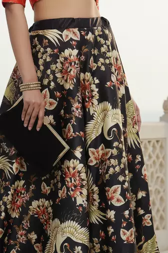 Ethnic Motif Print Satin Semi Stitched Multi Color Croptop & Unstitched Blouse