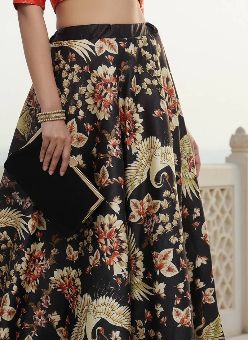 Ethnic Motif Print Satin Semi Stitched Multi Color Croptop & Unstitched Blouse