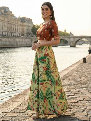 Ethnic Motif Print Satin Semi Stitched Multi Color Croptop & Unstitched Blouse 2