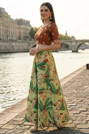 Ethnic Motif Print Satin Semi Stitched Multi Color Croptop & Unstitched Blouse