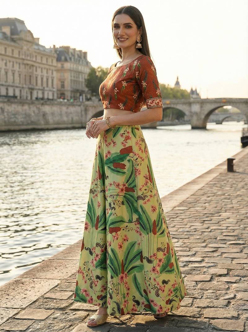 Ethnic Motif Print Satin Semi Stitched Multi Color Croptop & Unstitched Blouse