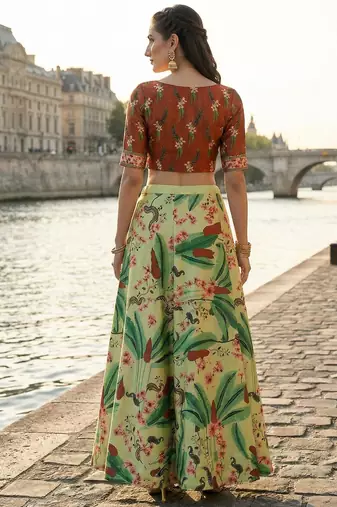Ethnic Motif Print Satin Semi Stitched Multi Color Croptop & Unstitched Blouse