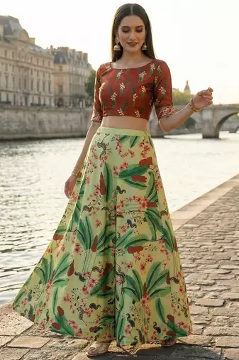 Ethnic Motif Print Satin Semi Stitched Multi Color Croptop & Unstitched Blouse